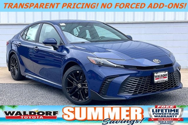 2026 Toyota Camry SE in Reservoir Blue — front three-quarter view