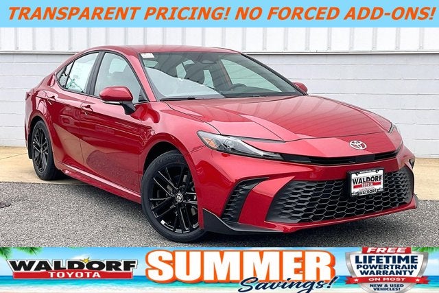 2026 Toyota Camry SE in Supersonic Red — front three-quarter view